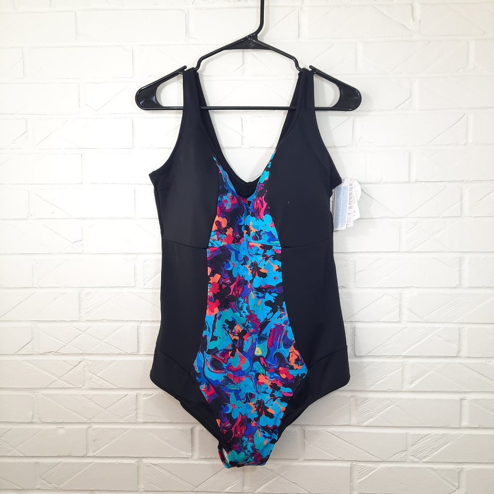 NWT Elomi Blue Abstract Cabana Print Molded One Piece Swimsuit US 12